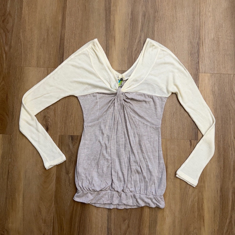 Free People Two Tone Ruched Bubble Hem Long Sleeve Top Tan Cream S boho y2k